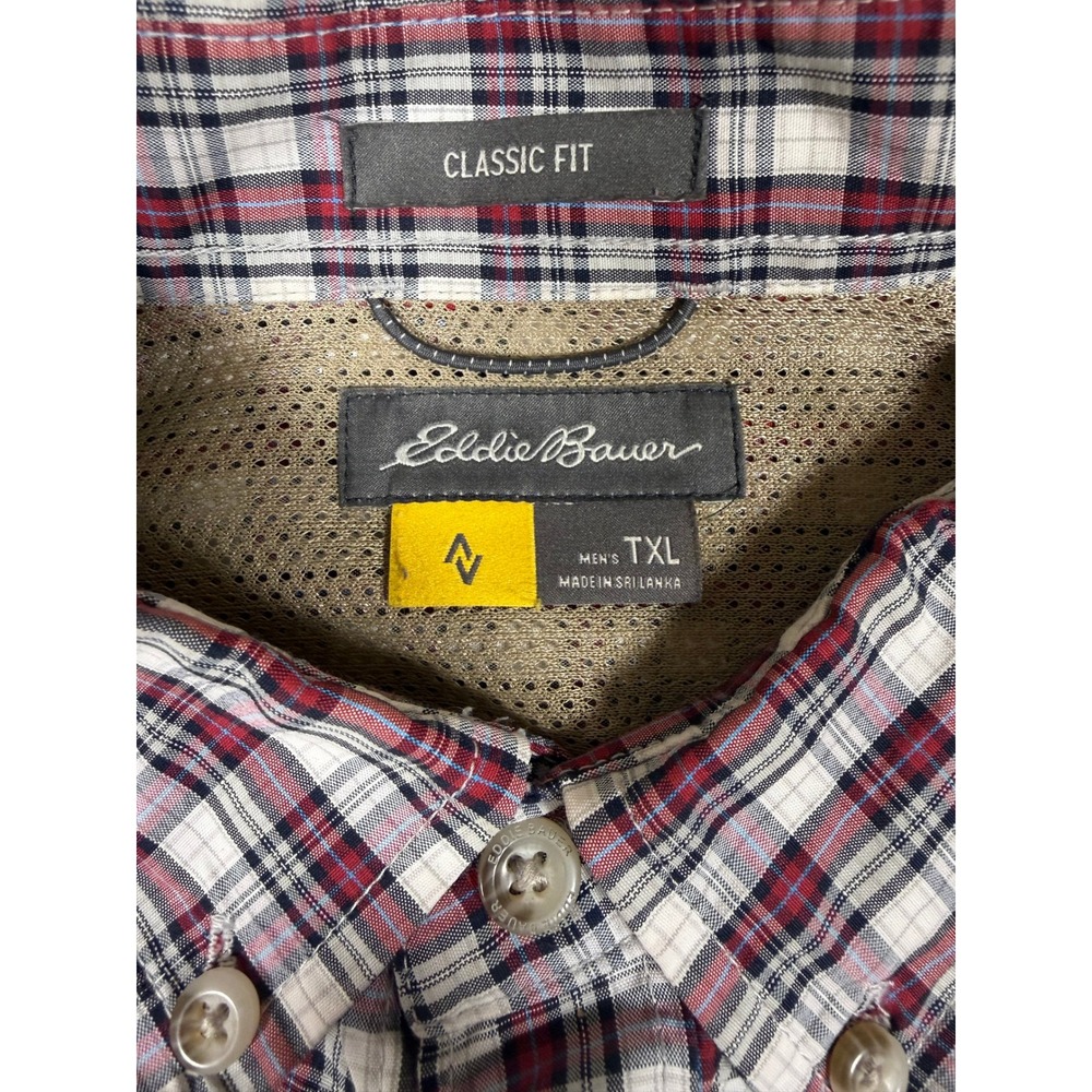 Eddie Bauer Mens XL Tall Classic Fit Plaid Button Down Shirt Red White Navy - Picture 2 of 11